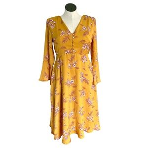 70’s Style Yellow Floral Bell Sleeve Fit & Flare Dress
